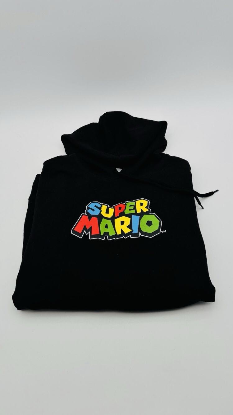 Super Mario Hoodie XL Black Pullover Sweatshirt W/Pocket Nintendo Good Condition